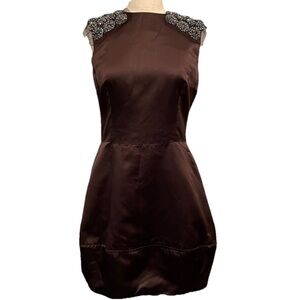 Vera Wang Silk Brown Mini Dress Size 8  Embellished Shoulders